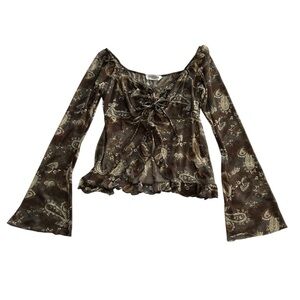 Good Days Bell Sleeve Brown Paisley Ruffle Crop Top L Boho Fairy Whimsigoth